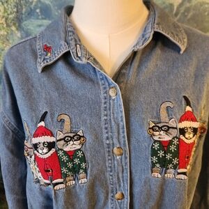 Vintage 90s Cat Chambray Denim Shirt by Bobbie Brooks - 100% Cotton